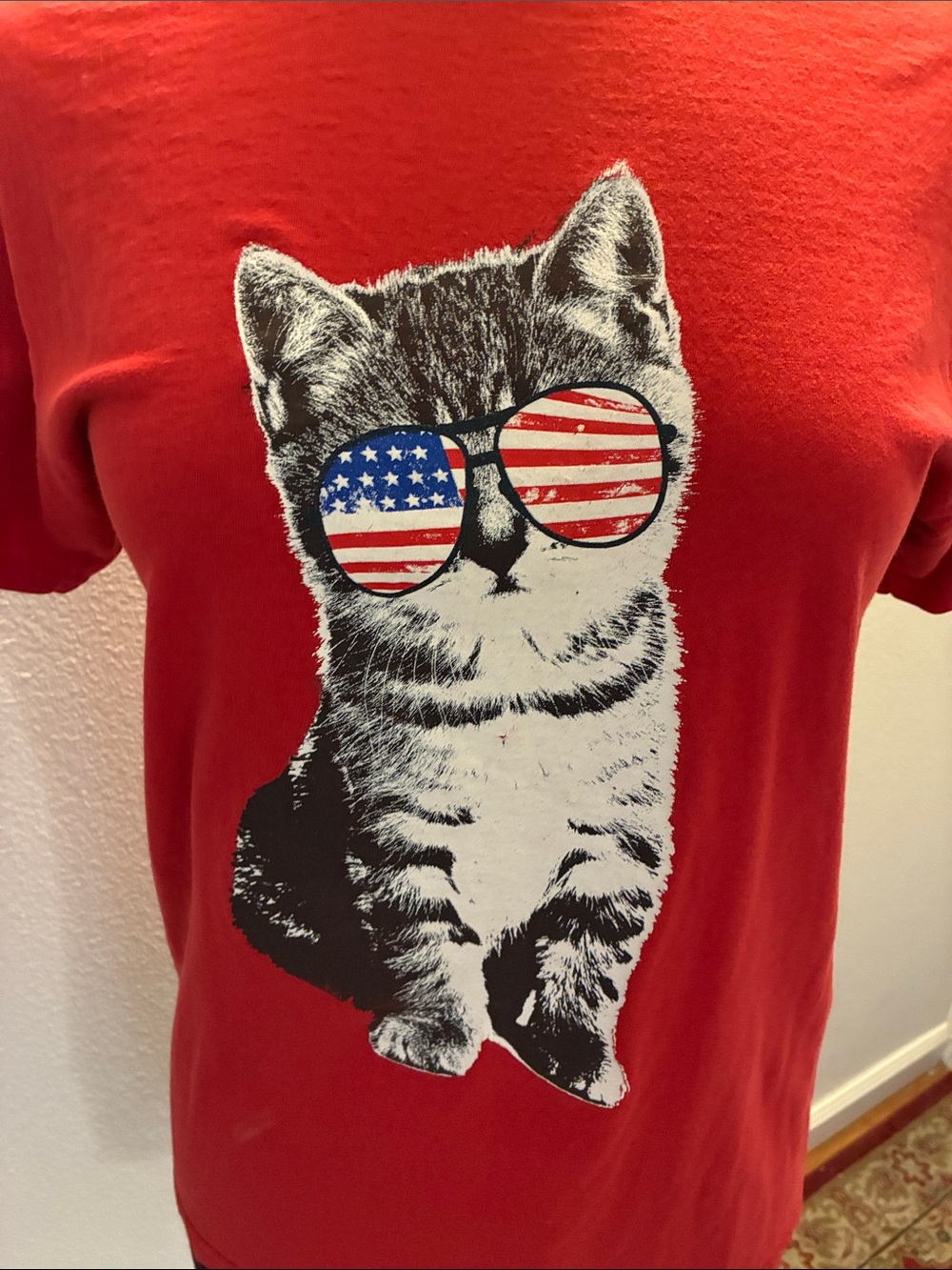 Fourth of July Red Cat America Cotton Tee with American Flag Sunglasses Small - Picture 2 of 4